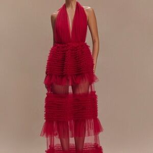 Meshki Minka Mesh Ruffle Halter Maxi Dress-Red